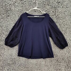 Chicos Navy Embroidered Balloon Sleeve Top Women 3 XL Peasant Cottage Prairie